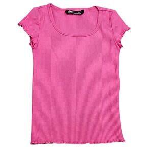 LCKR Ribbed T-Shirt Girls S 8-10 Pink Lettuce Edge Scoop Neck Casual Tee Sporty